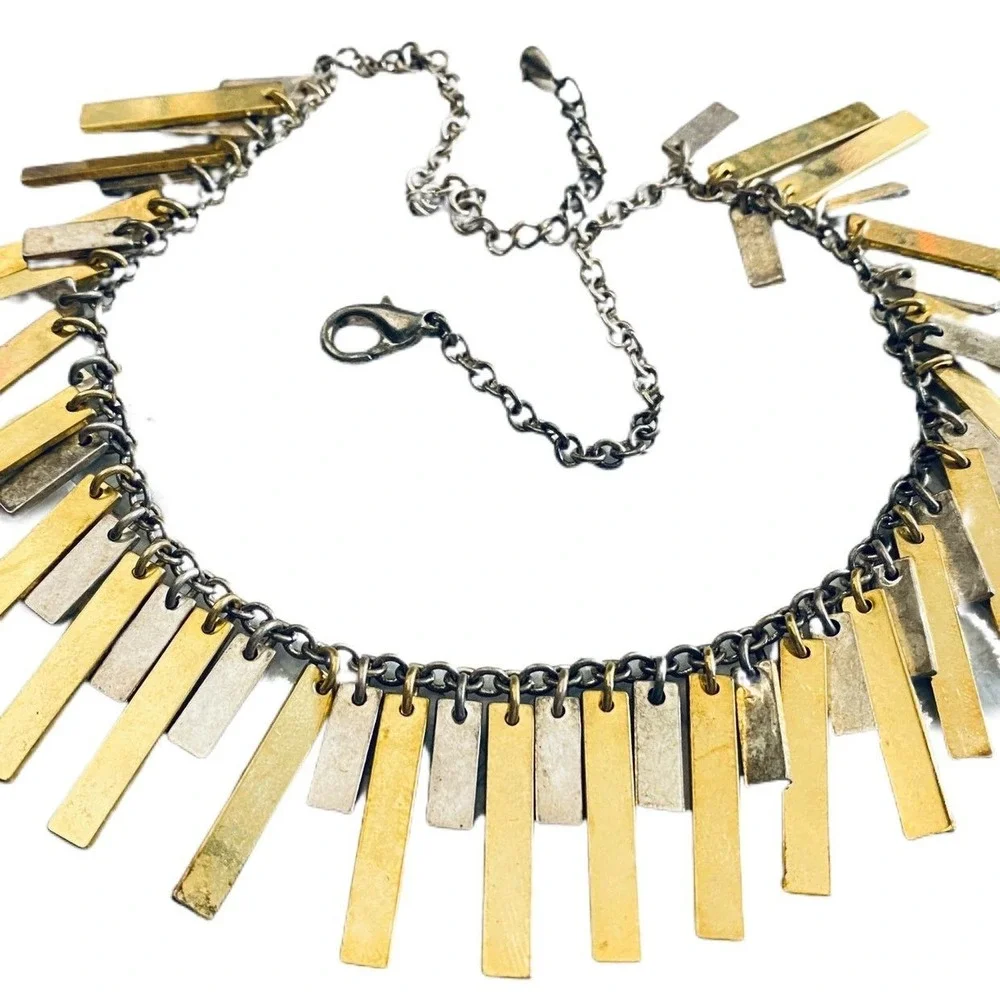 Modernist two toned gold silver rectangle dangle‎ bib necklace
